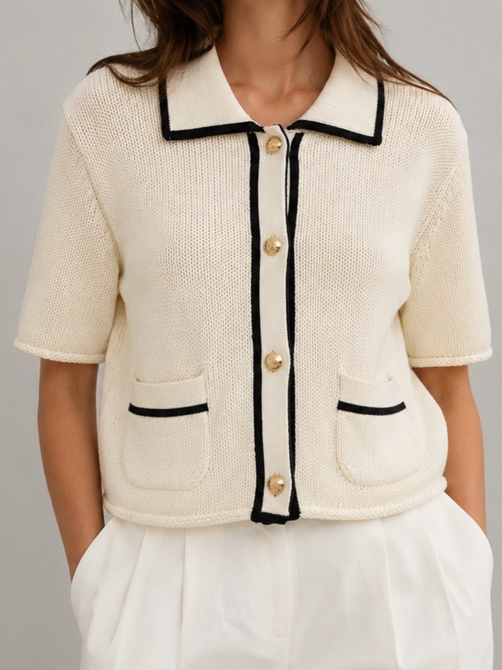 Massimo Dutti Cream Contrast Trim Cotton Knit Cardigan Jacket Oversized XS NWOT